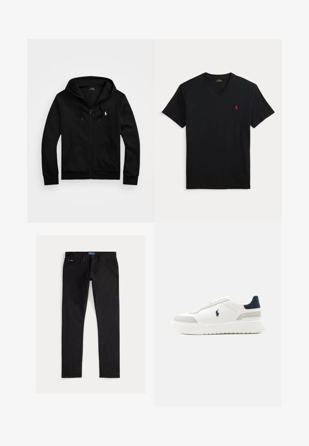 Sort lynlåstrøje med frontlommer, snørejusteret hætte og hvid Polo Ralph Lauren-logo på venstre bryst.; Sort V-hals T-shirt med korte ærmer og et lille rødt Polo Ralph Lauren-logo på venstre bryst.; Sorte denimjeans med slim pasform, der har fem lommer, bæltestropper og et blåt mærke på linningen. Glat, holdbart stof.; Hvid lav sneakers med sort hælflap, grå ruskindsdetaljer, tyk sål og sort Polo-logo på ydersiden.