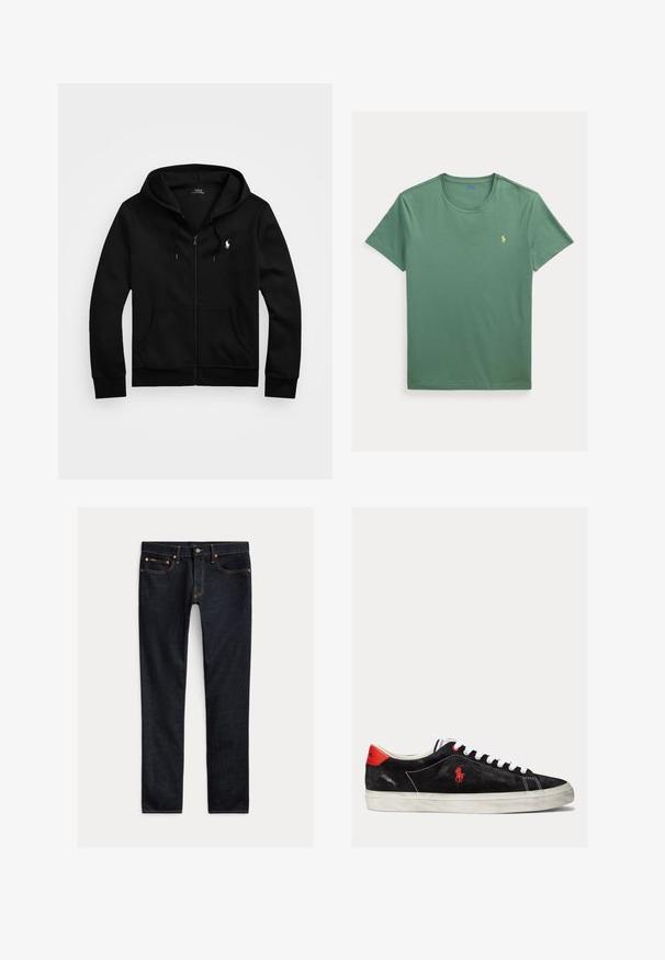 Čierna mikina na zips s kapucňou, predné vrecká, kapucňa so šnúrkami a bielym logom Polo Ralph Lauren na ľavej strane hrude.; Zelené tričko s krátkym rukávom a okrúhlym výstrihom, s malým žltým vyšívaným logom Polo Ralph Lauren na ľavej strane hrudníka.; Tmavomodré slim-fit džínsy s piatimi vreckami, zapínaním na gombíky a kontrastným prešívaním, položené na svetlom pozadí.; Čierne semišové tenisky s bielymi šnúrkami, červenými akcentmi na päte a malým červeným logom. Obsahujú plochú gumovú podrážku a jednoduché prešívanie.