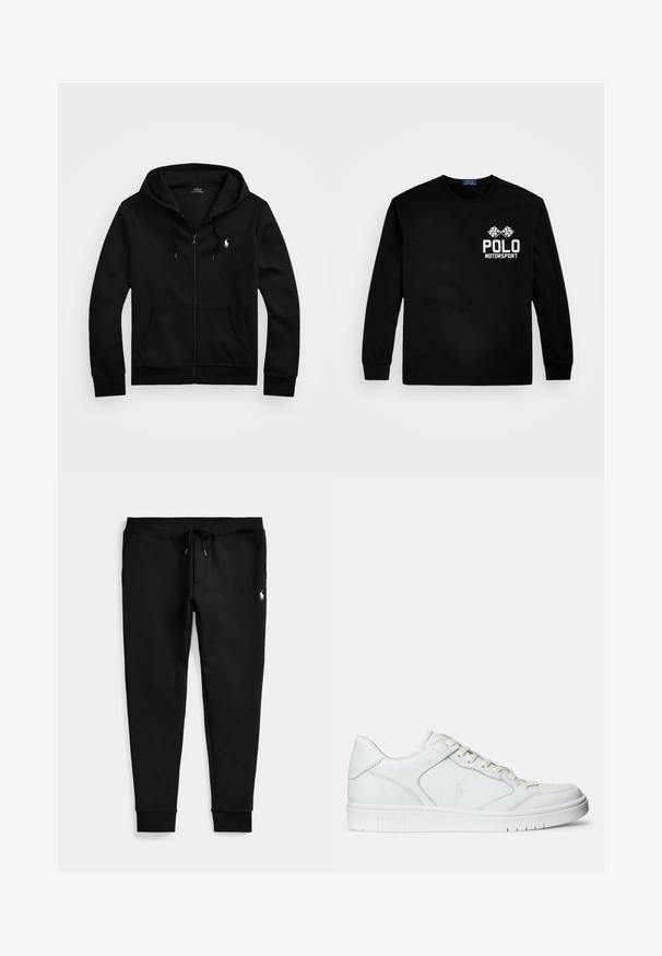 Must kapuutsiga lukuga dressipluus ees taskute, kapuutsi nööriga ja valge Polo Ralph Laureni logoga vasakul rinnal.; Must mustaheitega must särg, mis on tehtud puuvillast. Omab valget "POLO MOTORSPORT" teksti ja kahte ruudukest lippu vasakul rinnaosale. Ümmargune kaelus.; Mustad jogger-püksid, mansettidega pahkluude juures, nööriga vöökoht, küljetaskud ja väike valge polo mängija logo paremal reiel.; Valged nahast spordijalatsid siledast materjalist, millel on ventilatsiooniga varvas, paelad ja kõrvale brodeeritud logo. Valge kummitald.