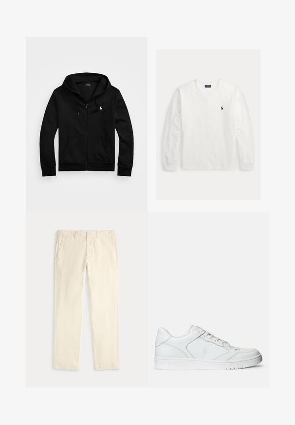 Sort lynlåstrøje med frontlommer, snørejusteret hætte og hvid Polo Ralph Lauren-logo på venstre bryst.; Hvid langærmet crewneck trøje med lille sort Polo Ralph Lauren-logo på venstre bryst og ribstrikkede ærmegab.; Kremfarvede bukser med lige ben, bæltestropper og sidelommer, vist fladt på en lys baggrund.; Hvide lædersneakers med en glat tekstur, der har en perforeret tå, snørebåndslukning og broderet logo på siden. Hvid gummisål.