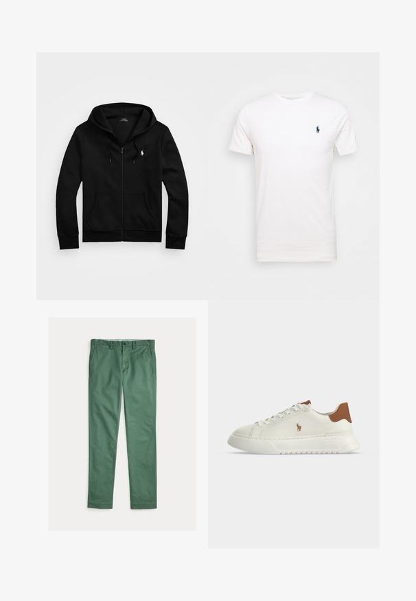 Sort lynlåstrøje med frontlommer, snørejusteret hætte og hvid Polo Ralph Lauren-logo på venstre bryst.; Hvid bomulds t-shirt med rund hals. Har et lille mørkeblå logo på venstre bryst. Korte ærmer, glat tekstur.; Grønne herrebukser med lige ben, forlommer, bæltestropper og knaplukning, vist fladt på en hvid baggrund.; Hvid lavtopsneaker med brunt hæltab, snørebånd foran, tyk sål og lille broderet hestelogo på siden.