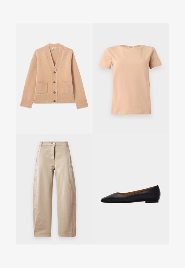 Cardigan beige en tissu tricoté doux, avec un col en V, cinq boutons, deux poches avant et des poignets et un ourlet côtelés.; T-shirt beige manches courtes avec col rond et ourlet droit sur un fond uni gris clair.; Pantalons larges beiges en mélange de coton lisse, featuring une fermeture à bouton à l'avant, des poches latérales et des détails de couture visibles.; Chaussure plate en cuir noir à bout pointu avec talon bas et finition lisse, vue de côté sur un fond gris clair.