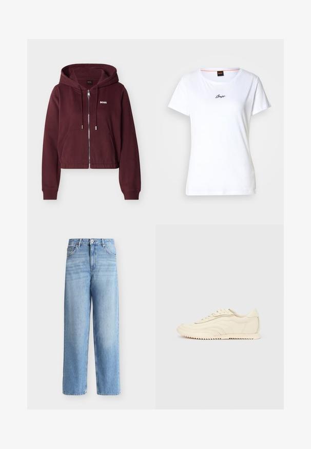 Sweat à capuche zippé couleur bordeaux avec cordons, poches avant, poignets côtelés, et logo blanc "BOSS" sur le côté gauche de la poitrine.; T-shirt en coton blanc à manches courtes et col rond. Présente un logo "Boss" en écriture cursive noire sur le devant. Design simple.; Jean bleu clair taille haute à jambes droites avec fermeture avant à boutons et zip, passants de ceinture et poches avant sur fond blanc.; Baskets basses de couleur crème avec des coutures ondulées, une fermeture à lacets et une semelle crantée, vues de côté sur un fond uni.