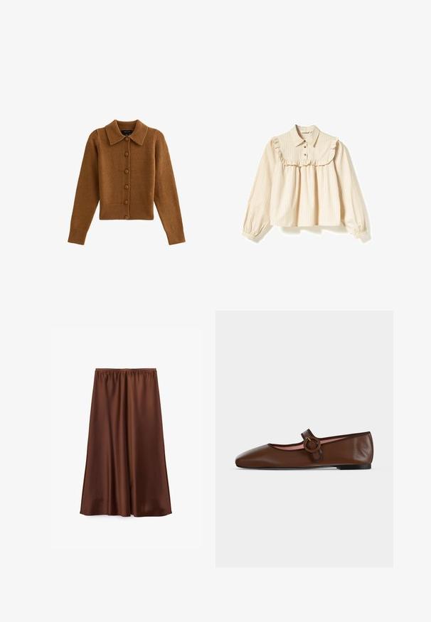 Cárdigan marrón de punto con cuello de solapa, cierre de botones, puños y dobladillo acanalados, hecho de un material suave similar a la lana.; Blusa a rayas beige con cuello con volantes, mangas largas y cierre de botones. Cuenta con un ajuste holgado y una textura de tela suave.; Falda de satén marrón con cintura elástica, de largo hasta la rodilla, textura suave, diseño fluido y sin adornos ni patrones visibles.; Zapato plano tipo Mary Jane de cuero marrón con correa de hebilla redonda y suela negra sobre un fondo gris claro.