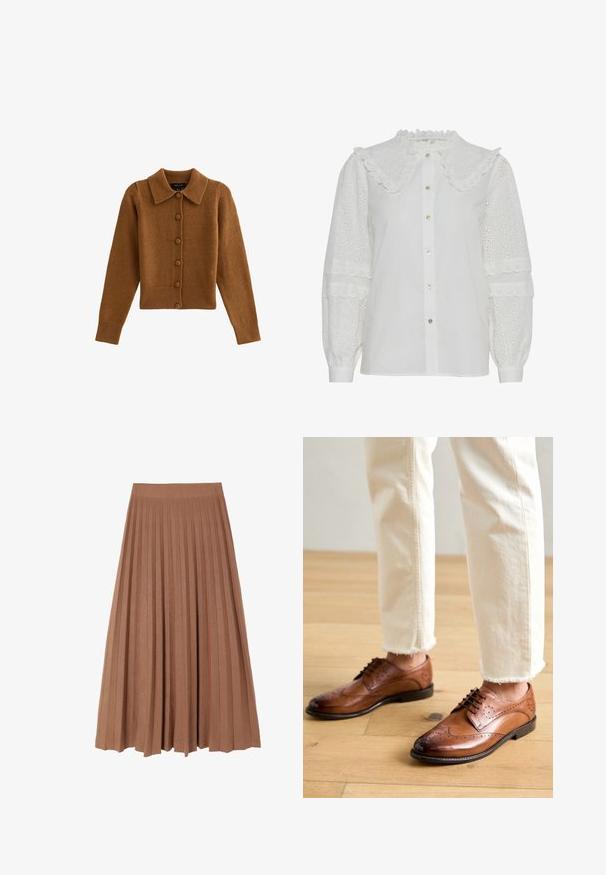 Cardigan en tricot marron avec un col, fermeture à boutons, poignets et ourlet côtelés, fabriqué à partir d'un matériau doux semblable à de la laine.; Blouse blanche avec un col volanté, fermeture à boutons et détails en broderie sur les manches bouffantes. Présente un éclat subtil et une texture douce.; Jupe midi plissée marron avec une texture lisse et une large ceinture, présentant des plis verticaux réguliers sur toute sa longueur, créant une silhouette fluide.; Chaussures brogues en cuir marron avec des détails perforés, bout arrondi et finition lisse, associées à un pantalon crème à ourlet effiloché.