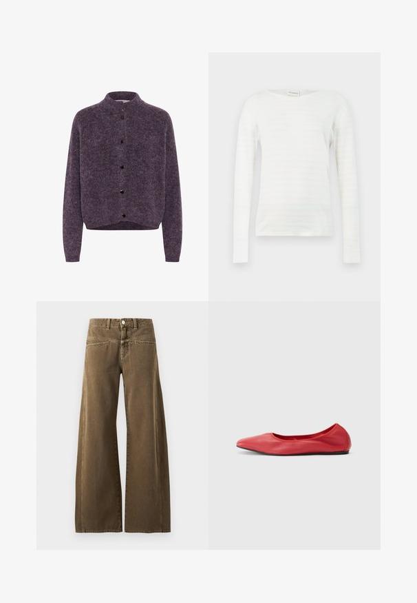 Gestuz ALPHA SHORT - Gilet - juniper mélange; Chemise blanche à manches longues avec de fines rayures horizontales roses, dotée d'un col en V et d'une coupe décontractée. Texture douce, style casual.; Pantalon marron taille haute à jambes larges avec bouton devant, passants de ceinture, et coutures visibles sur fond clair.; Filippa K REY FLATS - Ballerines - bright red