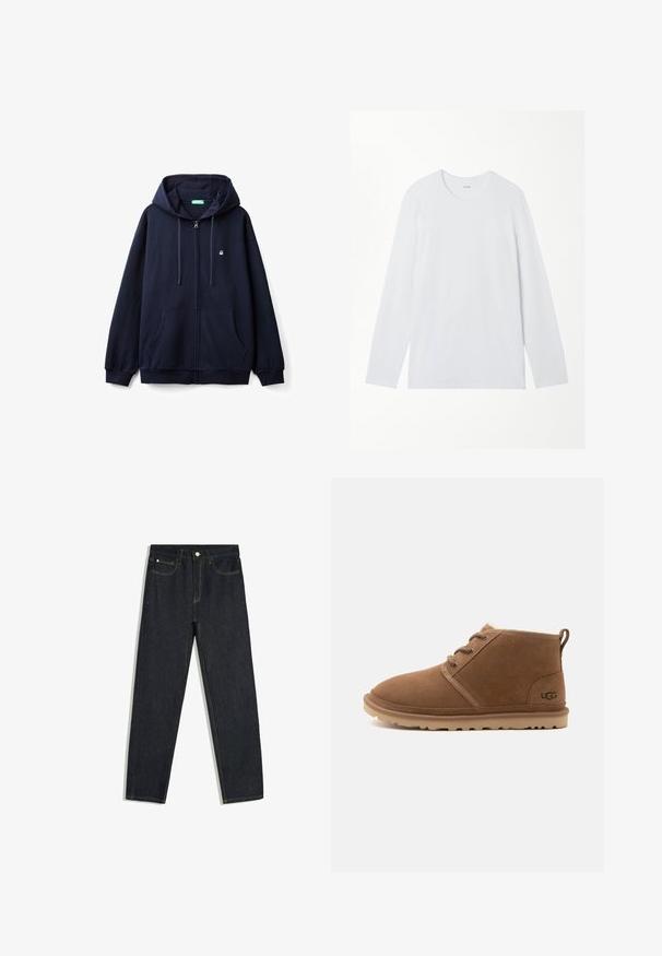 Marineblauwe zip-up hoodie gemaakt van zacht materiaal, met een vooraanlopende rits, twee zijzakken en een capuchon met koord en een klein logo op de borst.; Effen witte longsleeve crew neck shirt plat weergegeven op een witte achtergrond.; Donkerblauwe jeans met rechte pijpen, knoop aan de voorkant, riemlussen en ontwerp met vijf zakken, getoond tegen een witte achtergrond.; Bruine suède enkellaars met veters, rubberen zool, trek lipje bij de hiel en UGG-logo aan de zijkant, getoond vanaf de buitenkant op een witte achtergrond.