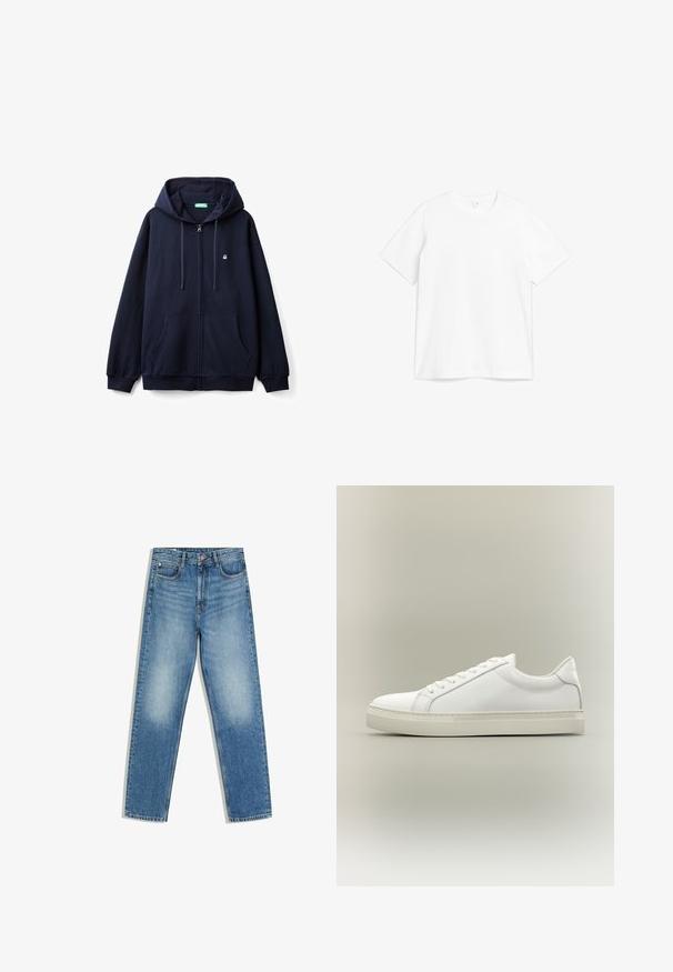 Marineblaues Zip-Hoodie aus weichem Material, mit einem Frontreißverschluss, zwei Seiten Taschen und einer Kapuze mit Zugband sowie einem kleinen Logo auf der Brust.; Weißes Baumwoll-T-Shirt mit Rundhalsausschnitt und kurzen Ärmeln. Der Stoff wirkt glatt mit einem klassischen, geraden Schnitt.; Blaue Denim-Jeans mit hoher Taille, frontaler Knopfleiste und Reißverschluss, zwei Vordertaschen und ausgebleichten Stellen an den Oberschenkeln und Knien.; Weißer Sneaker mit niedrigem Schaft, vorn mit Schnürung und dicker Sohle, aus der Seitenansicht vor neutralem Hintergrund.