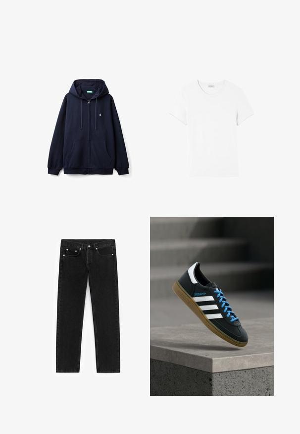 Marineblaues Zip-Hoodie aus weichem Material, mit einem Frontreißverschluss, zwei Seiten Taschen und einer Kapuze mit Zugband sowie einem kleinen Logo auf der Brust.; American Vintage GAMIPY - T-Shirt basic - blanc; Schwarze Jeans aus Denim mit geradem Schnitt, vorderen Taschen mit silbernen Beschlägen und klassischem Fünf-Taschen-Design.; Schwarzer Adidas-Sneaker mit weißen Streifen, blauen Schnürsenkeln und Gummisohle, der über einer grauen Betontreppe im weichen Licht schwebt.