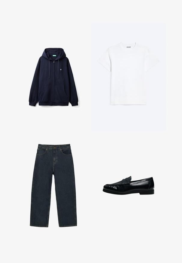 Marineblaues Zip-Hoodie aus weichem Material, mit einem Frontreißverschluss, zwei Seiten Taschen und einer Kapuze mit Zugband sowie einem kleinen Logo auf der Brust.; Schlichtes weißes T-Shirt mit kurzen Ärmeln und Rundhalsausschnitt mit einem "WEEKDAY"-Label auf der Innenseite des Rückenkraus, dargestellt auf hellem Hintergrund.; Dunkelblaue, hoch taillierte Jeans mit geradem Bein, vorderen Taschen, Knopfverschluss und sichtbaren Nahtverarbeitungen.; Schwarzer Herren-Pennyloafer aus Leder mit genähter Mokassinnaht und niedrigem Absatz, seitlich auf weißem Hintergrund dargestellt.