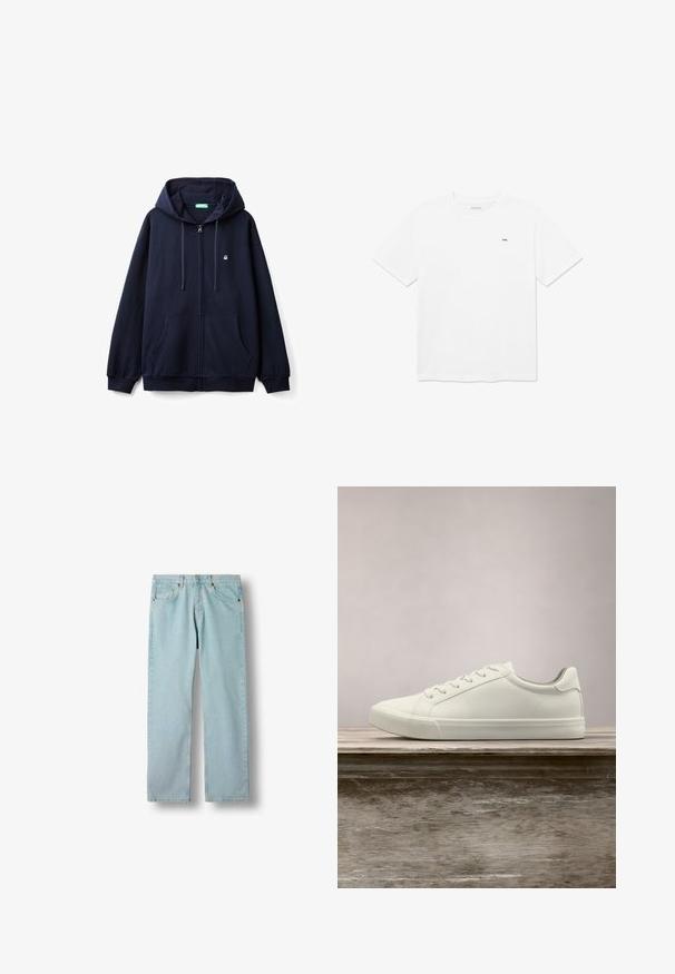 Marineblaues Zip-Hoodie aus weichem Material, mit einem Frontreißverschluss, zwei Seiten Taschen und einer Kapuze mit Zugband sowie einem kleinen Logo auf der Brust.; Weißes Baumwoll-T-Shirt mit Rundhalsausschnitt und kurzen Ärmeln. Mit einem kleinen schwarzen Logo auf der Brust. Sauberes und minimalistisches Design.; Hellblaue Jeans mit geradem Bein, Vordertaschen, Gürtelschlaufen und Knopfverschluss auf weißem Hintergrund.; Weiße Schnürsneaker, die über einer Holzbank mit grünem Laub im Hintergrund schweben und das Schuhdesign sowie die Textur zeigen.