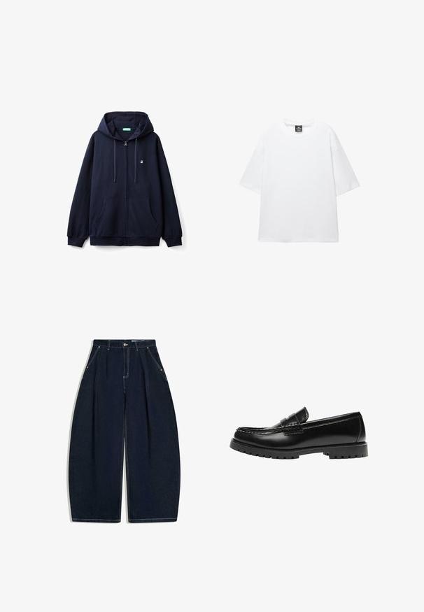 Marineblaues Zip-Hoodie aus weichem Material, mit einem Frontreißverschluss, zwei Seiten Taschen und einer Kapuze mit Zugband sowie einem kleinen Logo auf der Brust.; Weißes, übergroßes T-Shirt mit kurzen Ärmeln, Rundhalsausschnitt und weichem Baumwollstoff. Hat ein schwarzes Etikett am Hals. Keine Muster oder Akzente.; Dunkelblaue, weit geschnittene Jeanshose mit hoher Taille, Falten, vorderem Knopf, Reißverschluss und schrägen Vordertaschen mit sichtbaren Nähten.; Schwarzer Leder-Slipper mit dicker Gummisohle und klassischem Penny-Detail an der Riemen, von der Außenseite gezeigt.