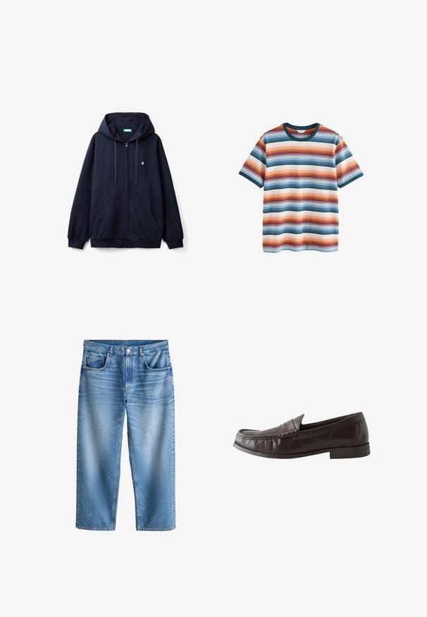 Sudadera con cremallera color azul marino, hecha de una tela suave, con cremallera frontal, dos bolsillos laterales y una capucha con cordón que presenta un pequeño logo en el pecho.; Camiseta de manga corta con cuello redondo y rayas horizontales en azul, naranja, burdeos y blanco.; Vaqueros de mezclilla azul claro con corte de pierna recta, cinco bolsillos, cierre de botones y un sutil desgastado en muslos y rodillas.; Mocasín penny de cuero marrón oscuro con diseño cosido en la puntera mocasín y suela negra plana, mostrado de lado sobre un fondo blanco.