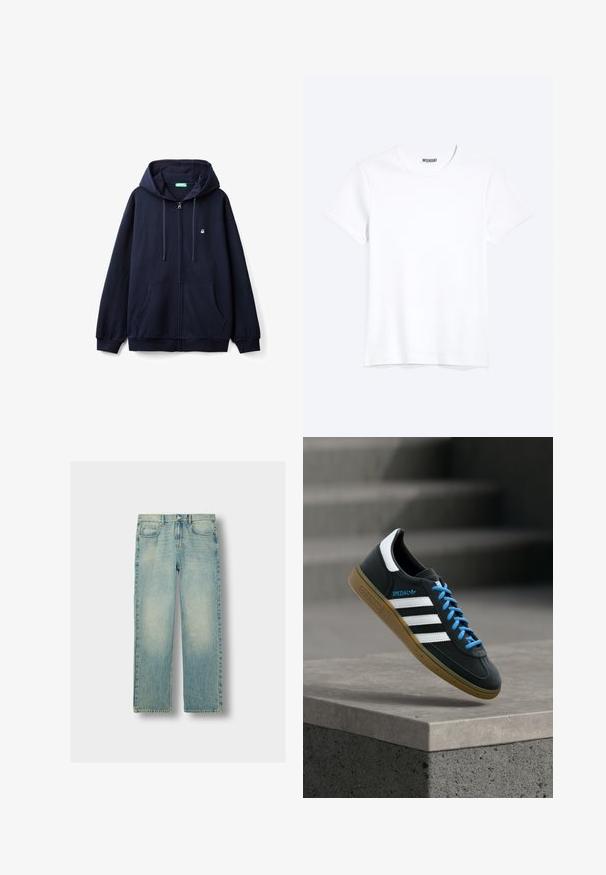 Sudadera con cremallera color azul marino, hecha de una tela suave, con cremallera frontal, dos bolsillos laterales y una capucha con cordón que presenta un pequeño logo en el pecho.; Camiseta blanca lisa de cuello redondo y manga corta con una etiqueta visible de la marca WEEKDAY en el cuello, mostrada sobre un fondo claro.; Jeans de mezclilla azul claro con diseño de pierna recta, que presentan zonas desgastadas, cinco bolsillos y costuras visibles. Cierre clásico con botón de metal.; Zapatilla negra Adidas con franjas blancas, cordones azules y suela de goma flotando sobre un escalón de hormigón gris con luz suave.