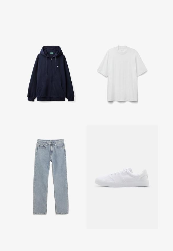 Marineblaues Zip-Hoodie aus weichem Material, mit einem Frontreißverschluss, zwei Seiten Taschen und einer Kapuze mit Zugband sowie einem kleinen Logo auf der Brust.; Schlichtes weißes Baumwoll-T-Shirt mit kurzen Ärmeln und Rundhalsausschnitt, hängend vor weißem Hintergrund dargestellt.; Helleblaue gerade geschnittene Jeans aus Denim, mit fünf Taschen, goldener Stickerei und einem Bund mit Gürtelschlaufen.; Weiße Leinenschuhe mit Gummisohle, ausgestattet mit sechs Ösen, einer strukturierten Zehenkappe und minimalistischer Gestaltung.
