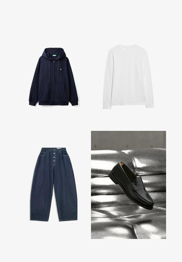 Marineblaues Zip-Hoodie aus weichem Material, mit einem Frontreißverschluss, zwei Seiten Taschen und einer Kapuze mit Zugband sowie einem kleinen Logo auf der Brust.; Weißes Langarmshirt mit Rundhalsausschnitt und geradem Saum, gefertigt aus glattem Stoff, auf weißem Hintergrund präsentiert.; Dunkelblaue Denim-Hose mit weiter Beinform und hoher Taille, fünfknöpfigem Verschluss und fünf Taschen. Mit Steppnähten an den Nähten.; Schwarzer Lederloafer, der über einem glänzenden silberfarbenen, gesteppte Ledersofa in einer minimalistischen Umgebung schwebt.