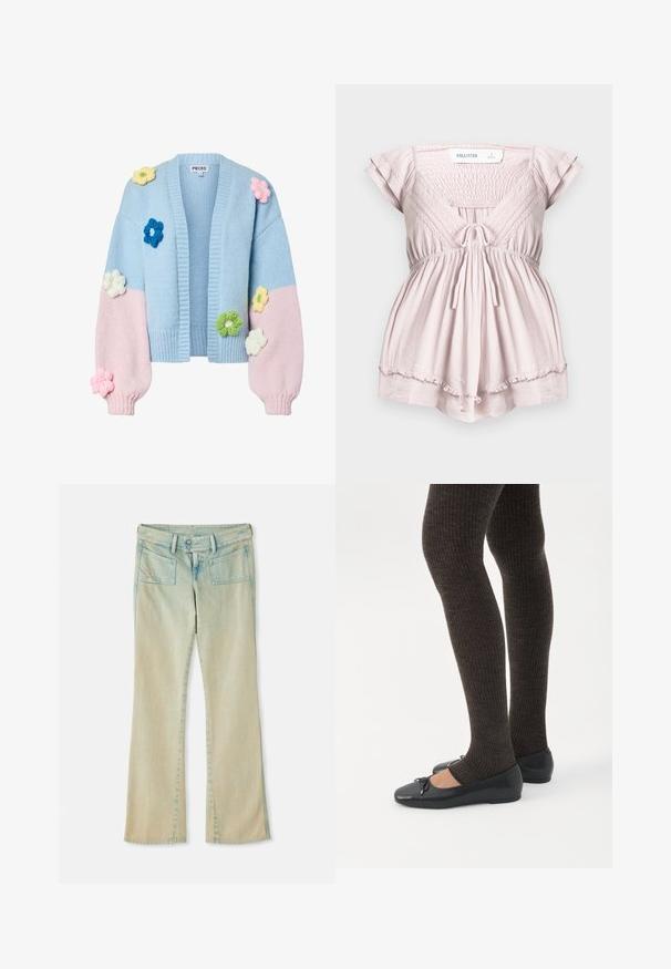 Cardigan en maille épaisse avec corps bleu clair et manches roses, décoré d'applications de fleurs tricotées 3D multicolores sur le devant et les manches.; Combi-short rose clair à manches courtes avec corsage froncé, bordure en dentelle, lien à nouer devant, et ourlet à volants de Hollister en taille small.; Jean flare en denim bleu clair avec une finition délavée, présentant des passants de ceinture, deux poches avant et deux poches arrière avec des accents de couture.; Jambes portant des leggings côtelés foncés associés à des ballerines noires avec de petits détails en nœud sur fond blanc.