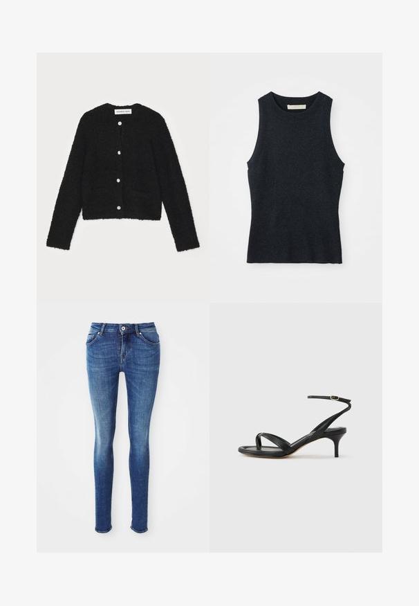 Sort fuzzy cardigan med rund halsudskæring, lange ærmer og fem knapper foran. Har to forlommer og en cropped design.; Udenærmet, mørkegrå strikket tanktop med rund hals, lagt fladt på hvid baggrund.; Blå denim skinny jeans med en glat tekstur, mellemhøj talje, fem lommer og let falming på lårene. Skønhed med metalknap og lynlås.; Sort damesandal i læder med tynde remme, en tå-loop, ankelspænde og en mellemhøj stiletthæl på en neutral baggrund.