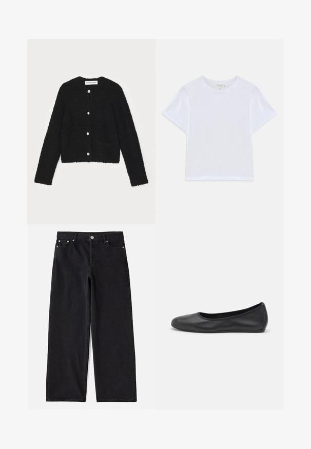 Cardigan noir en peluche avec un col rond, des manches longues et cinq boutons à l'avant. Il présente deux poches avant et un design court.; T-shirt blanc court en coton doux, avec un col rond et des manches courtes, d'ajustement légèrement décontracté. Pas de motifs ni d'accents.; Jean en denim noir à jambes larges avec cinq poches, fermeture à bouton et accessoires en métal argenté. Offre une silhouette propre et ajustée ainsi qu'une texture subtile.; Ballerines en cuir noir avec un bout rond, texture lisse, détails de couture minimalistes et design de semelle flexible.