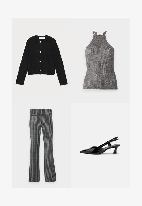 Cardigan noir en peluche avec un col rond, des manches longues et cinq boutons à l'avant. Il présente deux poches avant et un design court.; Top halter gris en textile côtelé, présentant une silhouette ajustée et un col montant avec des côtés ouverts. Étiquette de la marque visible au niveau du cou.; Pantalons à carreaux noir et blanc, design évasé, comprenant deux poches arrière et un tissu texturé avec un motif de grille visible.; Chaussure slingback en cuir verni noir à petit talon, bout pointu et bride réglable avec boucle dorée sur fond blanc.