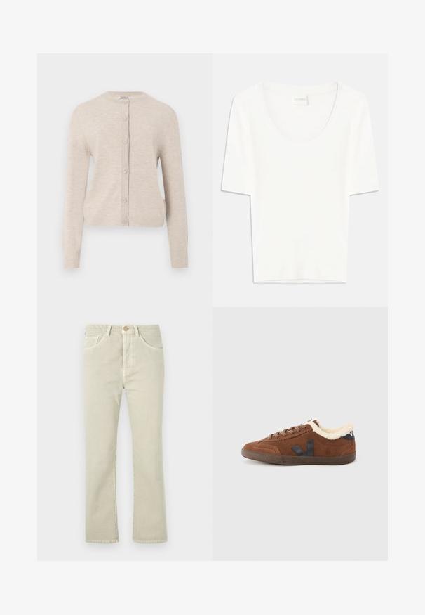 ONLY ONLCAMILLE BASIC CARDIGAN - Gilet - pumice stone; T-shirt blanc à manches courtes avec un col rond. Fabriqué en coton doux, il présente une coupe décontractée et un design minimaliste.; Jean droit beige clair avec fermeture à bouton, cinq poches et détails de couture discrets, fabriqué en tissu denim.; Baskets en daim marron avec accents en cuir noir, semelle en caoutchouc texturée et doublure en fourrure douce autour du col. Design lacé.