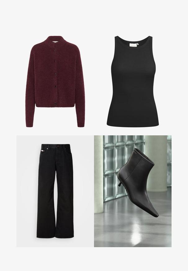 Cárdigan de punto burdeos con cuello alto, mangas largas y botones negros en la parte delantera. Fabricado con una tela suave y texturizada.; Top negro sin mangas hecho de tela acanalada, con un escote en forma de bote y un ajuste ceñido. Costuras planas y sin adornos. Diseño simple y elegante.; Jeans de pierna ancha negros, hechos de algodón. Presentan bolsillos frontales, cierre de botón y una textura de denim clásica. Diseño minimalista sin patrones.; Bota de cuero negro para el tobillo con puntera puntiaguda y tacón pequeño, exhibida frente a una pared de bloques de vidrio y un suelo pulido.
