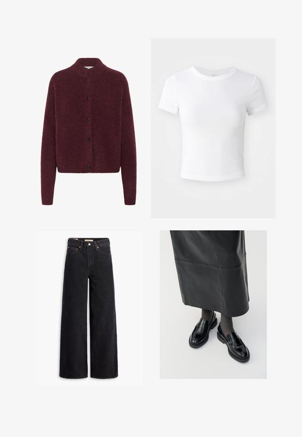 Bordeaux gebreide cardigan met een hoge kraag, lange mouwen en zwarte knopen aan de voorkant. Gemaakt van een zachte, gestructureerde stof.; Effen witte cropped t-shirt met korte mouwen en ronde hals, weergegeven op een neutrale lichte achtergrond.; Zwarte brede jeans gemaakt van denim, met vijf zakken, koperen klinknagels en een klassieke knoopsluiting. Glad van textuur met een strakke uitstraling.; Zwarte leren loafers met een gladde afwerking, voorzien van een decoratieve band, ronde neus en gestructureerde zool. Draagt met een lange zwarte leren rok.