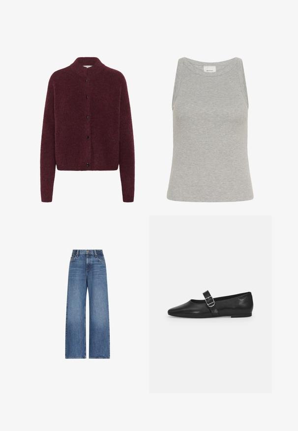 Βουργουνδί πλεκτό ζακέτα με ψηλό γιακά, μακριά μανίκια και μαύρα κουμπιά μπροστά. Κατασκευασμένη από μαλακό, υφασμάτινο υλικό.; Γκρι ριμπ αμάνικη μπλούζα με στρογγυλή λαιμόκοψη και χωρίς μανίκια. Κατασκευασμένη από απαλό ύφασμα, διαθέτει εφαρμοστή γραμμή και ελάχιστες ραφές.; Μπλε τζιν με ψηλή μέση και φαρδιά μπατζάκια, εμπρός κουμπί και φερμουάρ, θηλιές για ζώνη και κλασικό σχέδιο με πέντε τσέπες.; Μαύρο δερμάτινο φλατ παπούτσι με στρογγυλή μύτη, μία ρυθμιζόμενη αγκράφα και λεία, γυαλιστερή υφή. Μινιμαλιστικός σχεδιασμός με χαμηλό τακούνι.