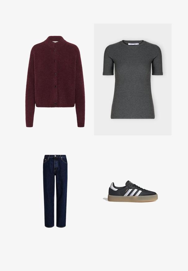 Cárdigan de punto burdeos con cuello alto, mangas largas y botones negros en la parte delantera. Fabricado con una tela suave y texturizada.; Camiseta de punto gris oscuro de manga corta con cuello redondo, ajuste entallado y diseño sencillo mostrada sobre un fondo blanco.; Jeans de mezclilla azul oscuro con un diseño de pierna recta, que presentan una cintura alta, estilo de cinco bolsillos y costuras en contraste. Sin adornos.; Zapatilla deportiva de cuero negro con tres rayas plateadas, punta texturizada y suela de goma. Cuenta con un collar acolchado y un diseño con cordones.