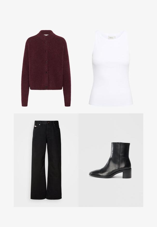 Cárdigan de punto burdeos con cuello alto, mangas largas y botones negros en la parte delantera. Fabricado con una tela suave y texturizada.; Top sin mangas de canalé blanco con escote redondo. Tejido elástico y diseño ajustado. La etiqueta en la parte posterior dice "GESTUZ."; Jeans de pierna ancha negros, hechos de algodón. Presentan bolsillos frontales, cierre de botón y una textura de denim clásica. Diseño minimalista sin patrones.; Botín de cuero negro hasta el tobillo con punta afilada, tacón bajo y bloque, y sutil logotipo embosado. Textura suave con un diseño elegante y costuras mínimas.