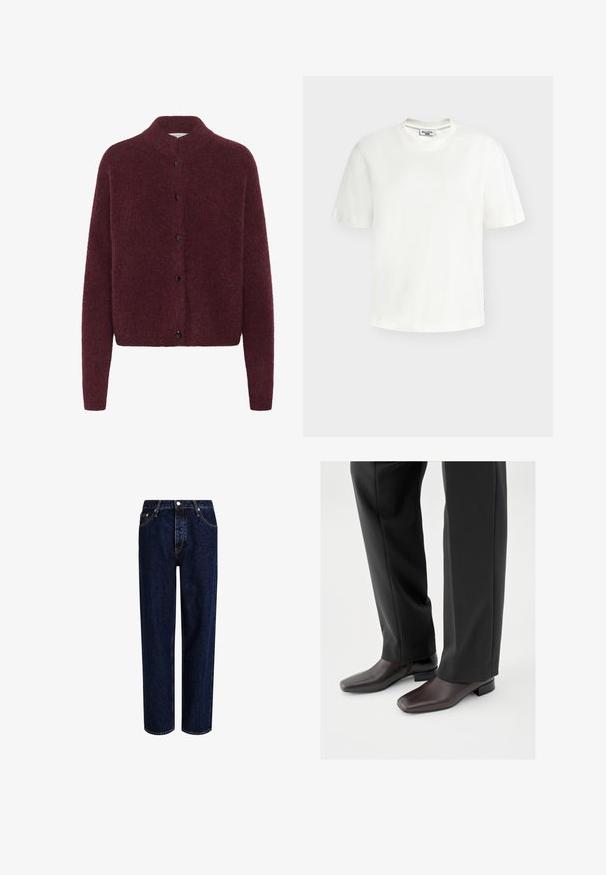Cárdigan de punto burdeos con cuello alto, mangas largas y botones negros en la parte delantera. Fabricado con una tela suave y texturizada.; Camiseta blanca de algodón de cuello redondo y mangas cortas con una pequeña etiqueta de la marca en el cuello y en la costura lateral.; Jeans de mezclilla azul oscuro con un diseño de pierna recta, que presentan una cintura alta, estilo de cinco bolsillos y costuras en contraste. Sin adornos.; Zapatos de cuero marrón oscuro con punta cuadrada y tacón bloque corto, usados con pantalones negros a medida, mostrando una apariencia elegante y pulida.