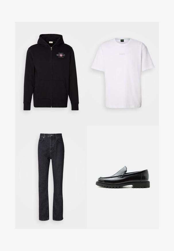 Schwarze Zip-Hoodie aus Baumwollmischung, mit einer Vorderasche, gerippten Bündchen und einem Logo auf der Brust mit roten und weißen Akzenten.; Weißes Baumwoll-T-Shirt mit kurzen Ärmeln, rundem Ausschnitt und geprägtem "BOSS"-Logo auf der Brust. Glatte Textur, normale Passform.; Hochtaillierte schwarze Jeans aus Denim mit Knopf- und Reißverschluss, Vorder- und Hintertaschen sowie einer geraden Passform.; Schwarzer Lederloafer mit grober Gummisohle, genähter Oberseite und geprägtem Markennamen an der Ferse, seitlich auf weißem Hintergrund gezeigt.