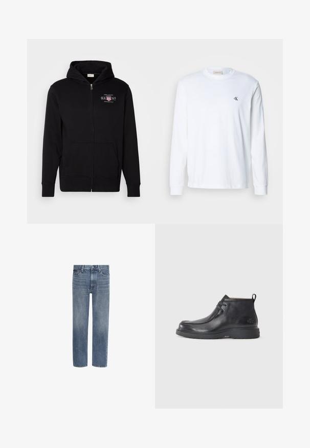 Zwarte rits hoodie van een katoenmix, met een voorkantzak, ribgebreide boorden en een logo op de borst met rode en witte accenten.; Witte katoenen blouse met lange mouwen, ronde hals en klein zwart "cK"-logo op de linkerborst.; Blauwe spijkerbroek met rechte pijpen, voorzakken, riemlussen en een knoopsluiting.; Zwarte leren enkellaarsjes met een ronde neus, vetersluiting en een lipje aan de achterkant. Geribbelde bovenkant en rubberen zool.