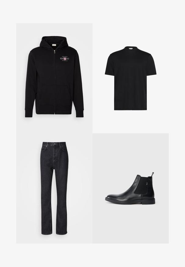 Zwarte rits hoodie van een katoenmix, met een voorkantzak, ribgebreide boorden en een logo op de borst met rode en witte accenten.; Zwart T-shirt met een korte, hoge halslijn. Gemaakt van zachte stof, het heeft korte mouwen en een losse pasvorm zonder opvallende patronen of accenten.; Hoge taille zwarte denim jeans met een knoop- en ritssluiting, voor- en achterzakken en een rechte pasvorm.; Zwarte leren Chelsea-boots met elastische zijpanelen, een treklipje en een vlakke rubberen zool. Gladde textuur met minimale details.