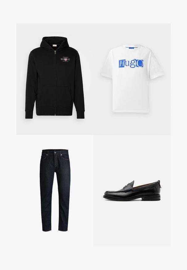 Sort zip-up hoodie lavet af bomuldsblanding, med en frontlomme, ribbede ærmer, og et logo på brystet med røde og hvide accenter.; Hvid bomulds t-shirt med blå grafisk logo og tekstdesign. Korte ærmer, rund halsudskæring og afslappet pasform.; Mørkeblå denim jeans med lige snit, fem-lomme design, kontrasterende orange syninger og sølvfarvet knaplukning.; Sort læder herre loafer med moc-tå syning, penny strop, struktureret krave og lav stablet hæl på hvid baggrund.