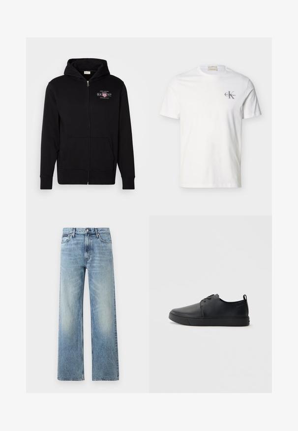 Sort zip-up hoodie lavet af bomuldsblanding, med en frontlomme, ribbede ærmer, og et logo på brystet med røde og hvide accenter.; Hvid kortærmet T-shirt i bomuld med lille gråt "Calvin Klein"-logo på venstre bryst, rund hals og almindelig pasform.; Lyseblå denim jeans med lige ben, højt talje, fem lommer, knaplukning og diskrete falmede områder på lår og knæ.; Sorte lædersneakers med en glat finish, rund tå, tonalt syning, snøring foran og en flad gummisål. Løkke ved hælen.