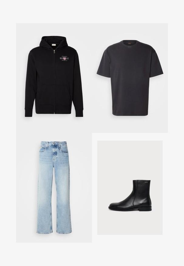 Sort zip-up hoodie lavet af bomuldsblanding, med en frontlomme, ribbede ærmer, og et logo på brystet med røde og hvide accenter.; Sort kortærmet T-shirt lavet af bomuld, med rund halsudskæring og subtil branding ved kraven. Glat tekstur med en afslappet pasform.; Lysblå vide jeans med høj talje, der har en falmet finish, bæltestropper og klassisk fem-lomme design. Kantene er rå.; Sort glat læderankelstøvle med lav hæl og sidelukning med lynlås, mærket Hugo nær den øverste kant.