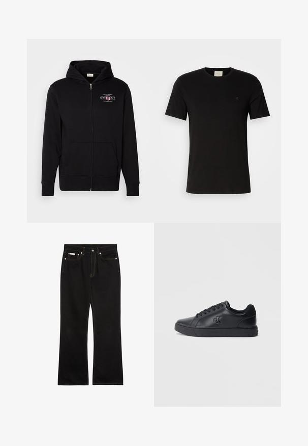 Sort zip-up hoodie lavet af bomuldsblanding, med en frontlomme, ribbede ærmer, og et logo på brystet med røde og hvide accenter.; Sort bomulds T-shirt med korte ærmer, rund halsudskæring og et lille Calvin Klein-logo på brystet. Glat tekstur, klassisk pasform.; Sorte jeans med lige ben, orange syning, fem lommer, knaplukning og et lille Calvin Klein-mærke på den forreste højre lomme.; Sorte lædersneakers med snørebånd, gummisål og præget logo på siden, der har en glat tekstur og minimalistisk stil.