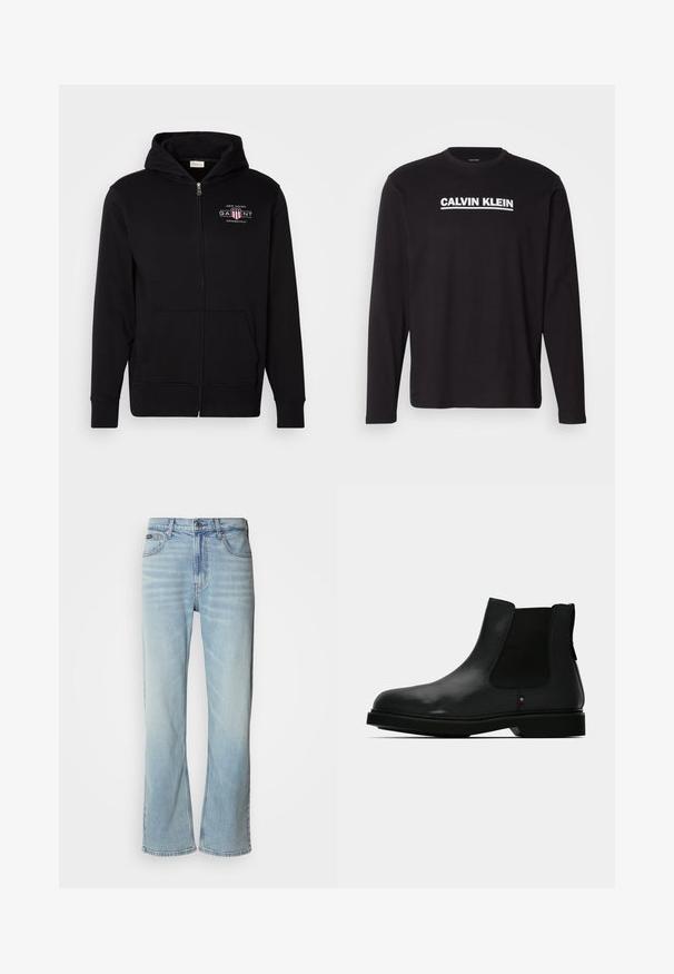 Sort zip-up hoodie lavet af bomuldsblanding, med en frontlomme, ribbede ærmer, og et logo på brystet med røde og hvide accenter.; Sort langærmet skjorte lavet af bomuld, med en hvid "CALVIN KLEIN" logo tværs over brystet. Rund halsudskæring og tætsiddende ærmer.; Lyseblå denimjeans med lige ben, der har fem lommer, knaplukning og en subtil falmning på stoffet.; Sort læder Chelsea-støvle med elastiske sidepaneler, rund tå og tekstureret overdel. Har en flad gummisål og diskret mærkedetalje.