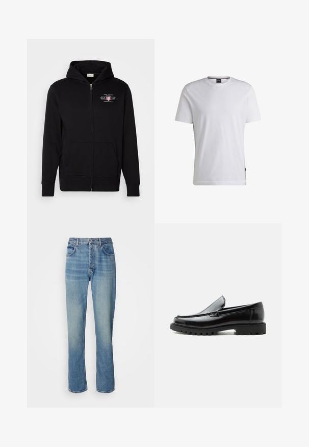 Sort zip-up hoodie lavet af bomuldsblanding, med en frontlomme, ribbede ærmer, og et logo på brystet med røde og hvide accenter.; Hvid T-shirt med korte ærmer lavet af bomuld. Har en rund hals og et diskret mærke på siden. Glat tekstur og enkelt design.; Lyseblå straight-leg denim jeans med høj talje, frontknap, lynlås lukning og fem-lomme design.; Sort læderloafer med chunky gummisål, syet overdel og præget mærkenavn på hælen, vist i sideprofil på hvid baggrund.
