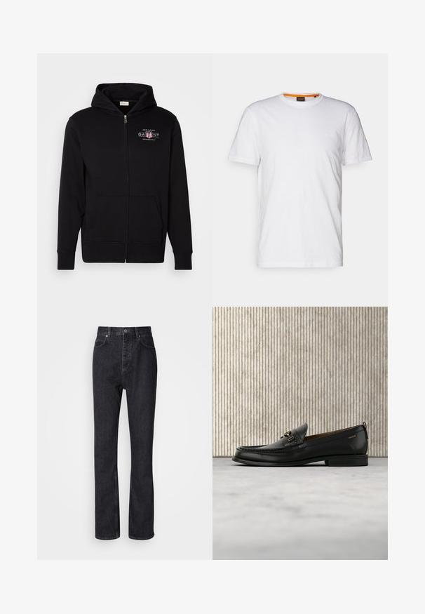 Sort zip-up hoodie lavet af bomuldsblanding, med en frontlomme, ribbede ærmer, og et logo på brystet med røde og hvide accenter.; Hvid bomulds T-shirt med rund hals, korte ærmer og et subtilt præget logo på brystet. Indvendigt mærke har en orange detalje.; Høj talje sorte denim jeans med knap- og lynlåsåbning, for- og baglommer samt lige ben.; Sort læderloafers med guldfarvet metaldekoration og "HUGO" branding, vist mod en beige tæppe og brunt gennemsigtigt møbel.