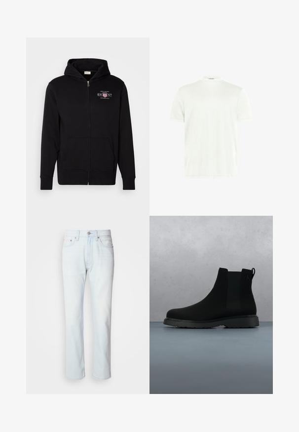 Zwarte rits hoodie van een katoenmix, met een voorkantzak, ribgebreide boorden en een logo op de borst met rode en witte accenten.; Witte T-shirt met ronde hals gemaakt van zachte stof. Korte mouwen, zonder patronen. Eenvoudig ontwerp met een rechte zoom en minimale details.; Lichtblauwe denim jeans met een rechte pijp. Voorzien van een knoopsluiting en riemlussen, met een vervaagde textuur en minimale stiksels.; Zwarte enkelboot van soepel materiaal met subtiele stiksels, een rubberen zool en een slank ontwerp, gepositioneerd boven een houten textuur.