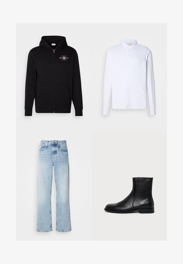 Sort zip-up hoodie lavet af bomuldsblanding, med en frontlomme, ribbede ærmer, og et logo på brystet med røde og hvide accenter.; Langærmet hvid polo-shirt lavet af blødt stof, med en klassisk krave, tre knaplukninger og et diskret logo på brystet.; Lysblå vide jeans med høj talje, der har en falmet finish, bæltestropper og klassisk fem-lomme design. Kantene er rå.; Sort læderankelstøvle med lav hæl, sidesyning og lille "HUGO" logo på den øverste manchet mod en ensfarvet baggrund.