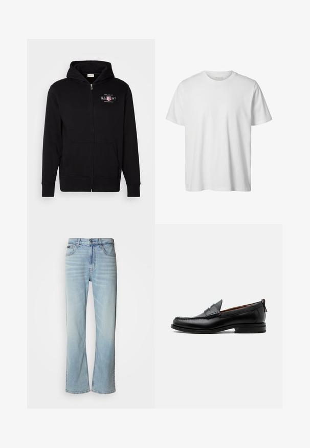 Zwarte rits hoodie van een katoenmix, met een voorkantzak, ribgebreide boorden en een logo op de borst met rode en witte accenten.; Eenvoudig wit T-shirt met korte mouwen en ronde hals, losse pasvorm en zonder zichtbare logo's of ontwerpen aan de voorkant.; Lichtblauwe denim jeans met een rechte pijp, voorzien van vijf zakken, een knoopsluiting en subtiele vervaging op de stof.; Zwarte leren herensloffen met moc toe stiksel, pennyriem, gestructureerde kraag en lage gestapelde hak op witte achtergrond.