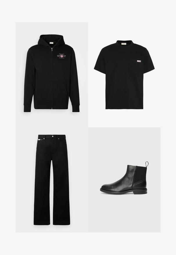 Sort zip-up hoodie lavet af bomuldsblanding, med en frontlomme, ribbede ærmer, og et logo på brystet med røde og hvide accenter.; Sort t-shirt med korte ærmer og en brystlomme på venstre side med et lille Calvin Klein logo patch.; Sorte denimbukser med bred ben-design, der har fem lommer og metallisk knapdetalje. Glat tekstur, uden synlige mønstre.; Sorte læder ankelstøvler med elastiske sidepaneler, rund tå, lav blokhæl og en strop bagpå for nem påtagning.