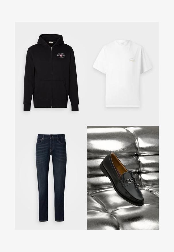 Sort zip-up hoodie lavet af bomuldsblanding, med en frontlomme, ribbede ærmer, og et logo på brystet med røde og hvide accenter.; Hvid kortærmet T-shirt med lille gul og grå "est. 90" samt "STUDIO ORIGINALS EDITION" tekst på venstre brystområde.; Mørkeblå denim jeans med lige pasform, der har en knaplukning, fem lomme-design og subtilt slid på lårene.; Sort læderloafer med sølvfarvet metalspænde, der hviler på en skinnende sølvfarvet polstret læderoverflade.