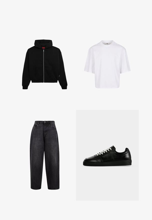 Haut à zip noir en tissu doux, avec une poche avant, des poignets côtelés et une capuche avec cordon de serrage. Pas de motifs ou d'accents visibles.; T-shirt blanc à manches courtes avec un col rond et une coupe décontractée, fabriqué à partir d'un tissu en coton mélangé doux. Aucun motif ni embellissement.; Jean en denim noir à taille haute, avec une fermeture à bouton, des poches avant et une texture légèrement délavée pour un look décontracté.; Baskets basses en cuir noir avec lacets blancs, semelle plate noire et détails subtils de couture, visibles de profil sur un fond gris.