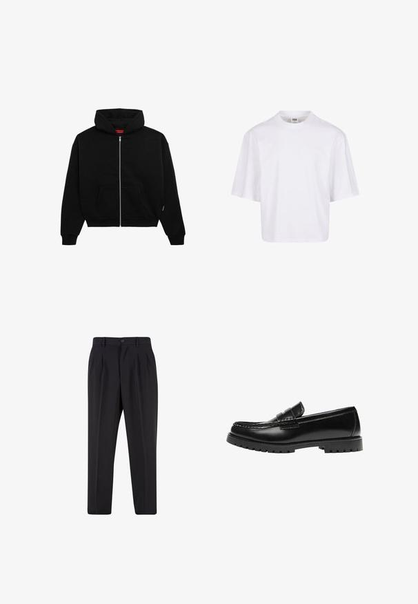 Haut à zip noir en tissu doux, avec une poche avant, des poignets côtelés et une capuche avec cordon de serrage. Pas de motifs ou d'accents visibles.; T-shirt blanc à manches courtes avec un col rond et une coupe décontractée, fabriqué à partir d'un tissu en coton mélangé doux. Aucun motif ni embellissement.; Pantalon noir sur mesure avec plis à l'avant, passants pour ceinture et fermeture par bouton à la taille.; Mocassin en cuir noir avec une semelle en caoutchouc épaisse et un détail classique de bride à monnaie, vu de côté extérieur.
