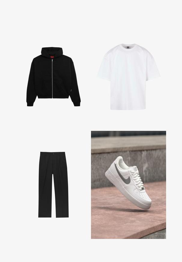 Sort zip-up hoodie lavet af blødt stof, med en frontlomme, ribbede manchetter og en hætte med snørre. Ingen synlige mønstre eller accenter.; Hvid kortærmet t-shirt med rund hals, lavet af bomuldsmateriale, der har en afslappet pasform og minimale syningsdetaljer.; Sorte bukser med lige ben, lavet af et glat stof. Har frontfolder og en enkelt knaplukning i taljen.; Hvid Nike Air Force 1 sneaker med gråt swoosh-logo svævende over en stensurface og en grå stenvæg i baggrunden.
