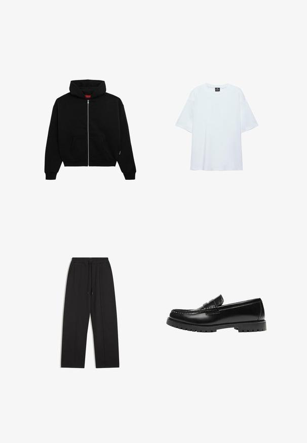 Sort zip-up hoodie lavet af blødt stof, med en frontlomme, ribbede manchetter og en hætte med snørre. Ingen synlige mønstre eller accenter.; Hvid, oversized T-shirt med korte ærmer og rund halsudskæring, med en sort etiket inde i kraven på en hvid baggrund.; Sorte sweatpants lavet af blødt stof, med en elastisk talje med snore, sidelommer og en afslappet pasform med lige ben.; Sort læderloafer med en kraftig gummisål og klassiske penny-strap detaljer, vist fra ydersiden.